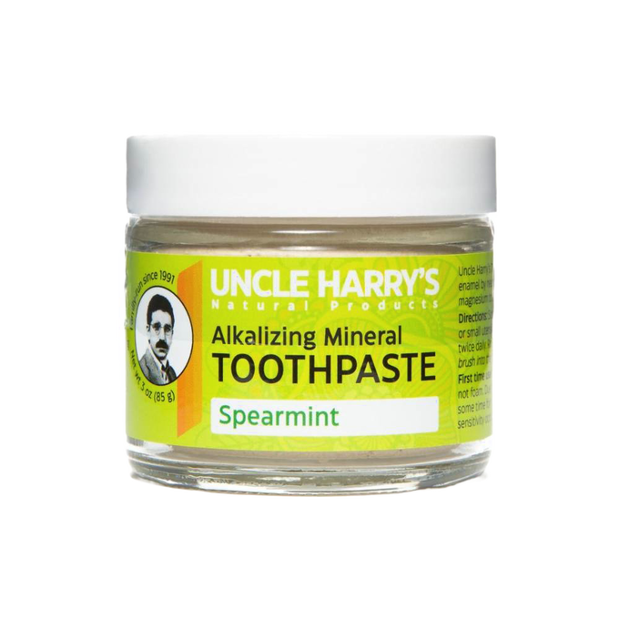 Handcrafted small glass jar of spearmint alkalizing mineral toothpaste with a white lid and bright green label, featured in Health & Wellness, Grooming and Personal Hygiene, USA Made, and Best Sellers collections.