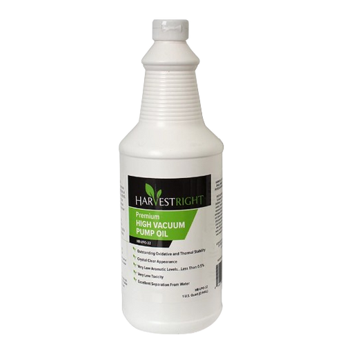 White plastic bottle of high vacuum pump oil with green and black label, featuring clear appearance and low toxicity, ideal for Kitchen & Food, Food Preservation, Drying, and Best Sellers collections.