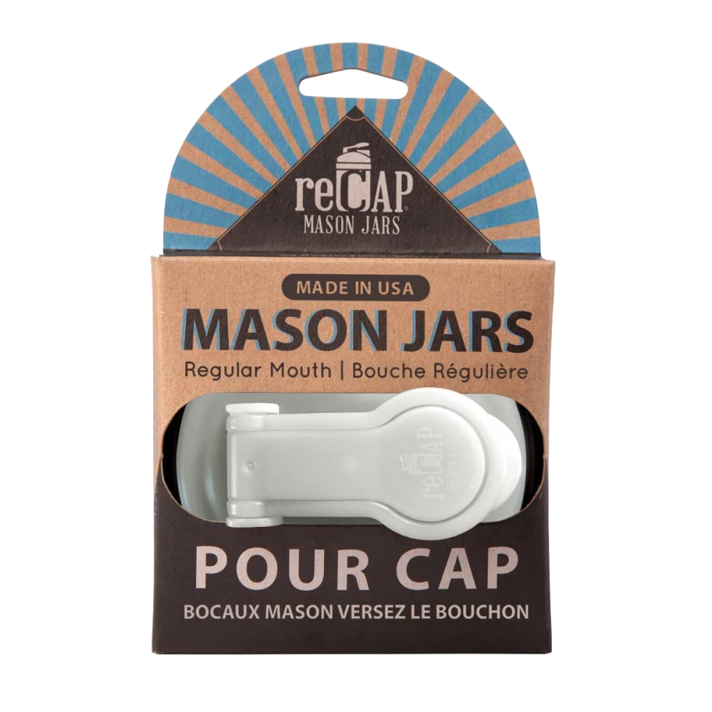 White pour lid with carry loop for regular mouth mason jars, made in the USA, displayed in eco-friendly packaging, ideal for Kitchen & Food, Kitchen Gadgets, and USA Made collections.