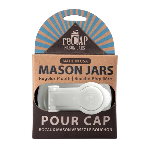White pour lid with carry loop for regular mouth mason jars, made in the USA, displayed in eco-friendly packaging, ideal for Kitchen & Food, Kitchen Gadgets, and USA Made collections.