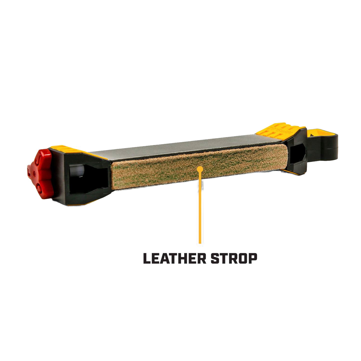 Leather strop attachment with black and yellow plastic frame, designed for sharpening knives and tools in Farm, Garden & Tool, Knives & Axes, and Sharpening collections.