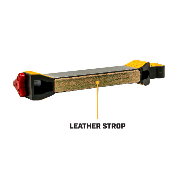 Leather strop attachment with black and yellow plastic frame, designed for sharpening knives and tools in Farm, Garden & Tool, Knives & Axes, and Sharpening collections.