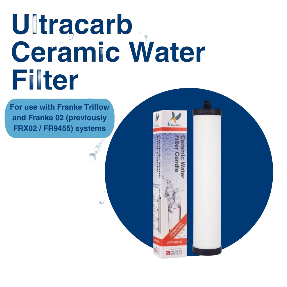 Replacement Ultracarb ceramic water filter element with black end caps designed for use in Franke Triflow and 02 systems, reducing chlorine, bacteria, cysts, sediment, and heavy metals, featured in Appliances and Emergency Supplies collections.