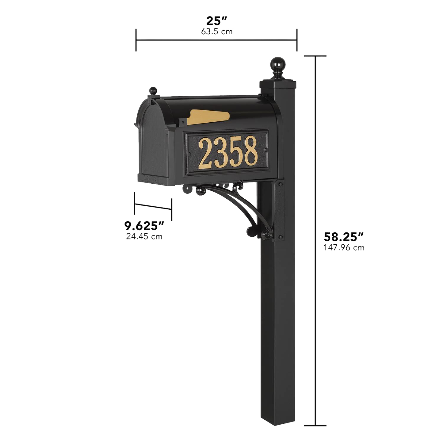Black and gold handcrafted custom mailbox mounted on a tall post with raised address numbers, designed to enhance curb appeal, made in USA, ideal for Home & Decor and Mailboxes collections.