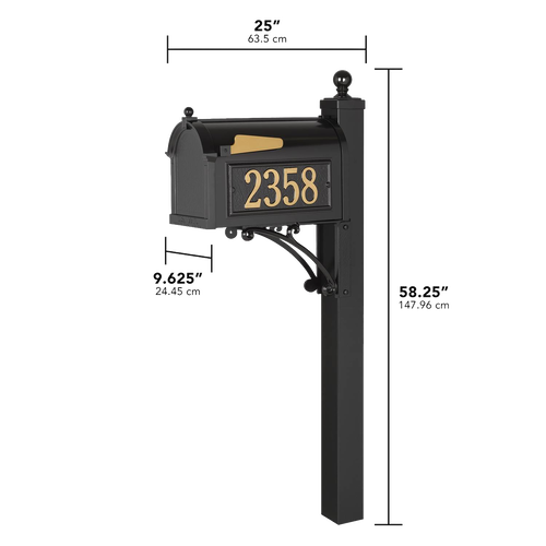 Black and gold handcrafted custom mailbox mounted on a tall post with raised address numbers, designed to enhance curb appeal, made in USA, ideal for Home & Decor and Mailboxes collections.