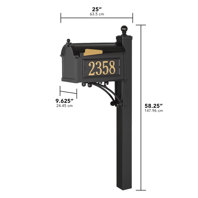 Black and gold handcrafted custom mailbox mounted on a tall post with raised address numbers, designed to enhance curb appeal, made in USA, ideal for Home & Decor and Mailboxes collections.