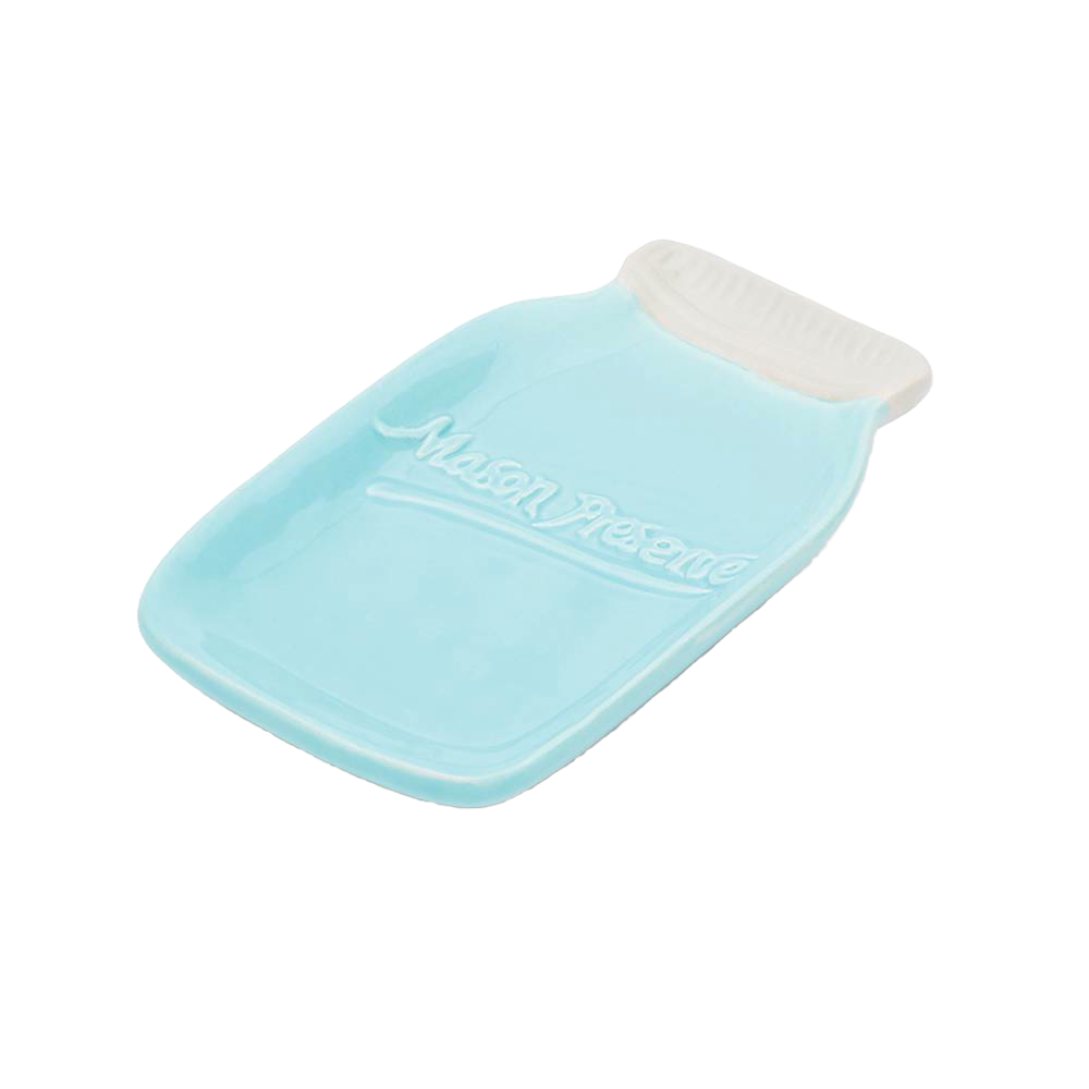 Light blue ceramic spoon rest shaped like a mason jar with embossed text, designed to catch drips and hold utensils, ideal for Kitchen & Food and Kitchen Accessories collections.