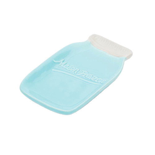 Light blue ceramic spoon rest shaped like a mason jar with embossed text, designed to catch drips and hold utensils, ideal for Kitchen & Food and Kitchen Accessories collections.
