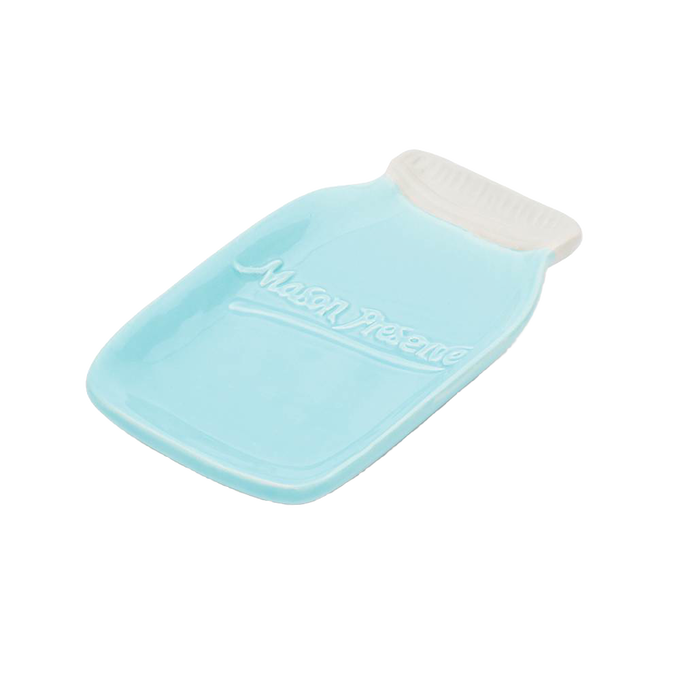 Light blue ceramic spoon rest shaped like a mason jar with embossed text, designed to catch drips and hold utensils, ideal for Kitchen & Food and Kitchen Accessories collections.