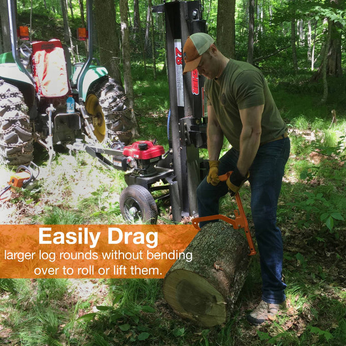 Man using a bright orange LogOX 3-in-1 multitool to lift and roll a large log in a forest setting, showcasing handcrafted wood cutting and hauling gear made in USA for Farm, Garden & Tool collections.