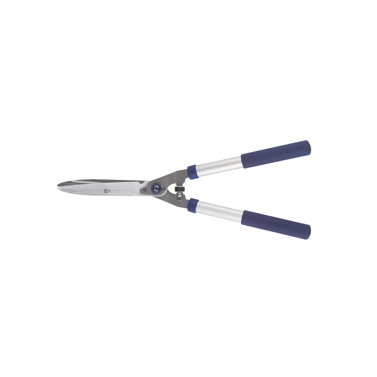 Lightweight garden shears with chrome-plated, hardened C50 carbon steel notched blades and cushioned blue grips, designed for precise pruning of thicker stems in lawncare and garden tool collections.