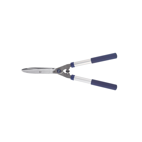 Lightweight garden shears with chrome-plated, hardened C50 carbon steel notched blades and cushioned blue grips, designed for precise pruning of thicker stems in lawncare and garden tool collections.