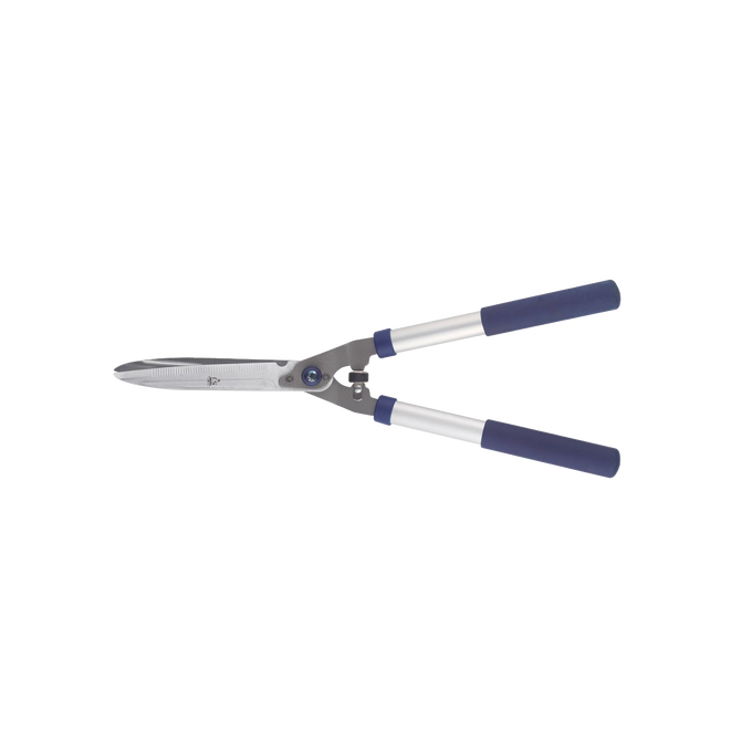 Lightweight garden shears with chrome-plated, hardened C50 carbon steel notched blades and cushioned blue grips, designed for precise pruning of thicker stems in lawncare and garden tool collections.
