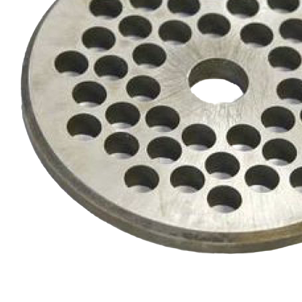 Handcrafted steel chopper plate with multiple uniform holes for meat grinding, made in USA, suitable for Kitchen & Food, Specialty Equipment, Butchering Supplies, USA Made, Best Sellers, Promo Eligible collections.