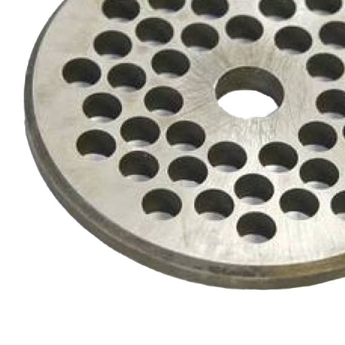 Handcrafted steel chopper plate with multiple uniform holes for meat grinding, made in USA, suitable for Kitchen & Food, Specialty Equipment, Butchering Supplies, USA Made, Best Sellers, Promo Eligible collections.
