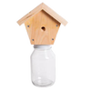 Handcrafted pine wood outdoor bee trap with a small entry hole mounted on a clear glass jar, designed for chemical-free pest control, Amish made in the USA, part of farm and garden collections.