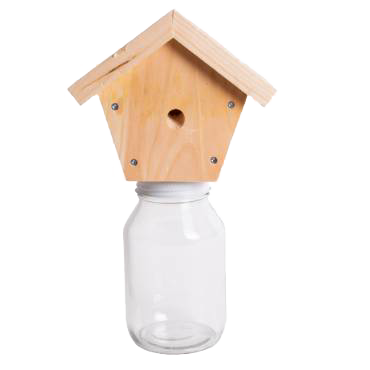 Handcrafted pine wood outdoor bee trap with a small entry hole mounted on a clear glass jar, designed for chemical-free pest control, Amish made in the USA, part of farm and garden collections.