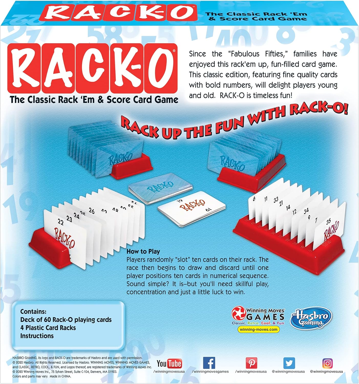 Box showing a classic card game set with red plastic racks holding number cards in sequence on a blue background, ideal for children and family play, featured in Toys, Books & Games, Children's Toys, Games and Puzzles, Table and Board Games, Best Sellers, and Promo Eligible collections.