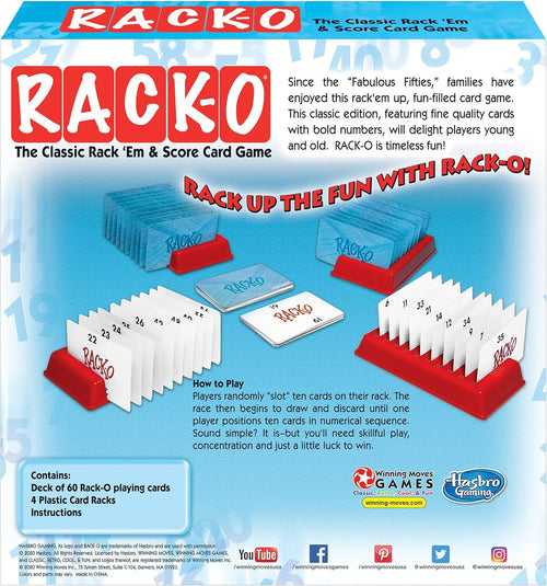 Box showing a classic card game set with red plastic racks holding number cards in sequence on a blue background, ideal for children and family play, featured in Toys, Books & Games, Children's Toys, Games and Puzzles, Table and Board Games, Best Sellers, and Promo Eligible collections.