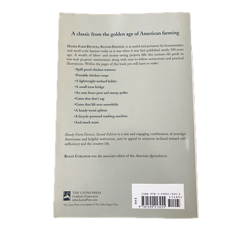 Back cover of a handcrafted farm devices book featuring a nostalgic description of practical projects for self-sufficient farmers, included in Toys, Books & Games and Home and Garden How-To Books collections.