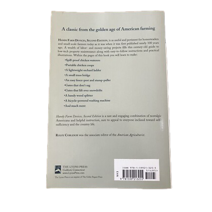 Back cover of a handcrafted farm devices book featuring a nostalgic description of practical projects for self-sufficient farmers, included in Toys, Books & Games and Home and Garden How-To Books collections.