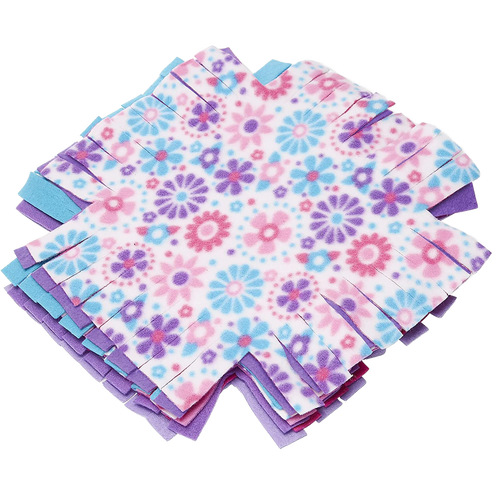 Stack of colorful fleece squares in pastel blue, purple, and floral patterns with fringe edges, handcrafted for creative children’s arts and crafts and best sellers collections.