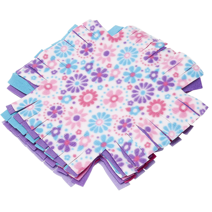 Stack of colorful fleece squares in pastel blue, purple, and floral patterns with fringe edges, handcrafted for creative children’s arts and crafts and best sellers collections.