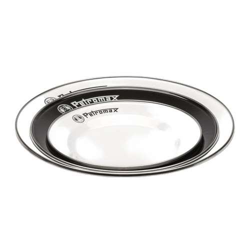 Set of two durable enamel plates in black and white with Petromax logo, lightweight and heat-resistant, suited for Farm, Garden & Tool, Kitchen & Food, Camping, Dinnerware, Best Sellers, and Promo Eligible collections.