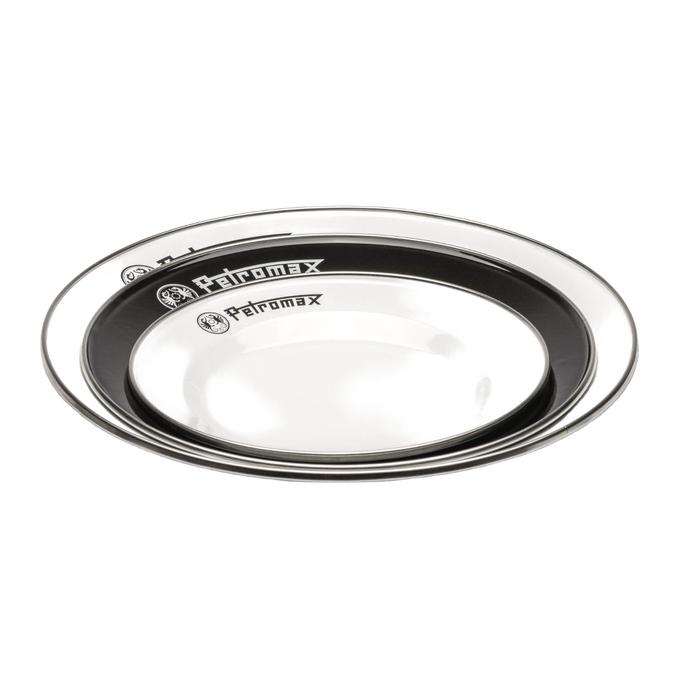 Set of two durable enamel plates in black and white with Petromax logo, lightweight and heat-resistant, suited for Farm, Garden & Tool, Kitchen & Food, Camping, Dinnerware, Best Sellers, and Promo Eligible collections.