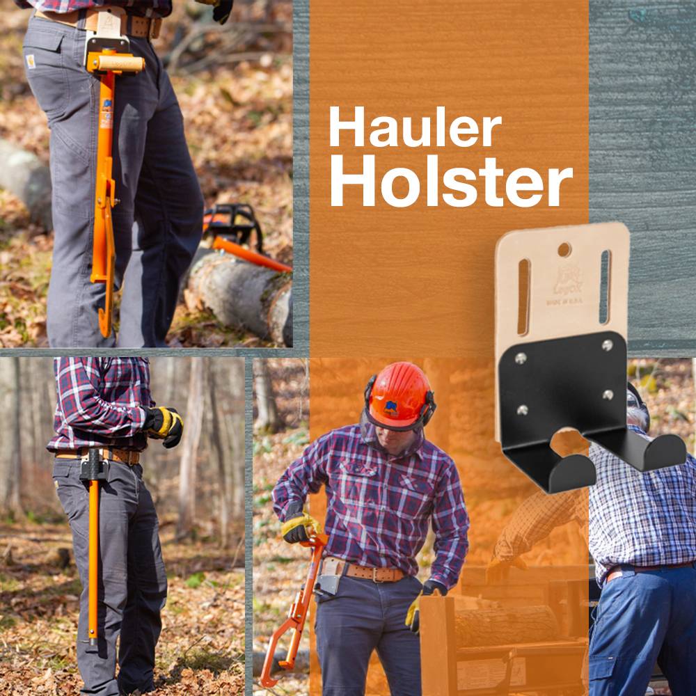 Handcrafted hauler holster made in USA, shown attached to belt holding bright orange wood hauling tool, featured in Farm, Garden & Tool, Wood Cutting and Hauling, Best Sellers, and Promo Eligible collections.