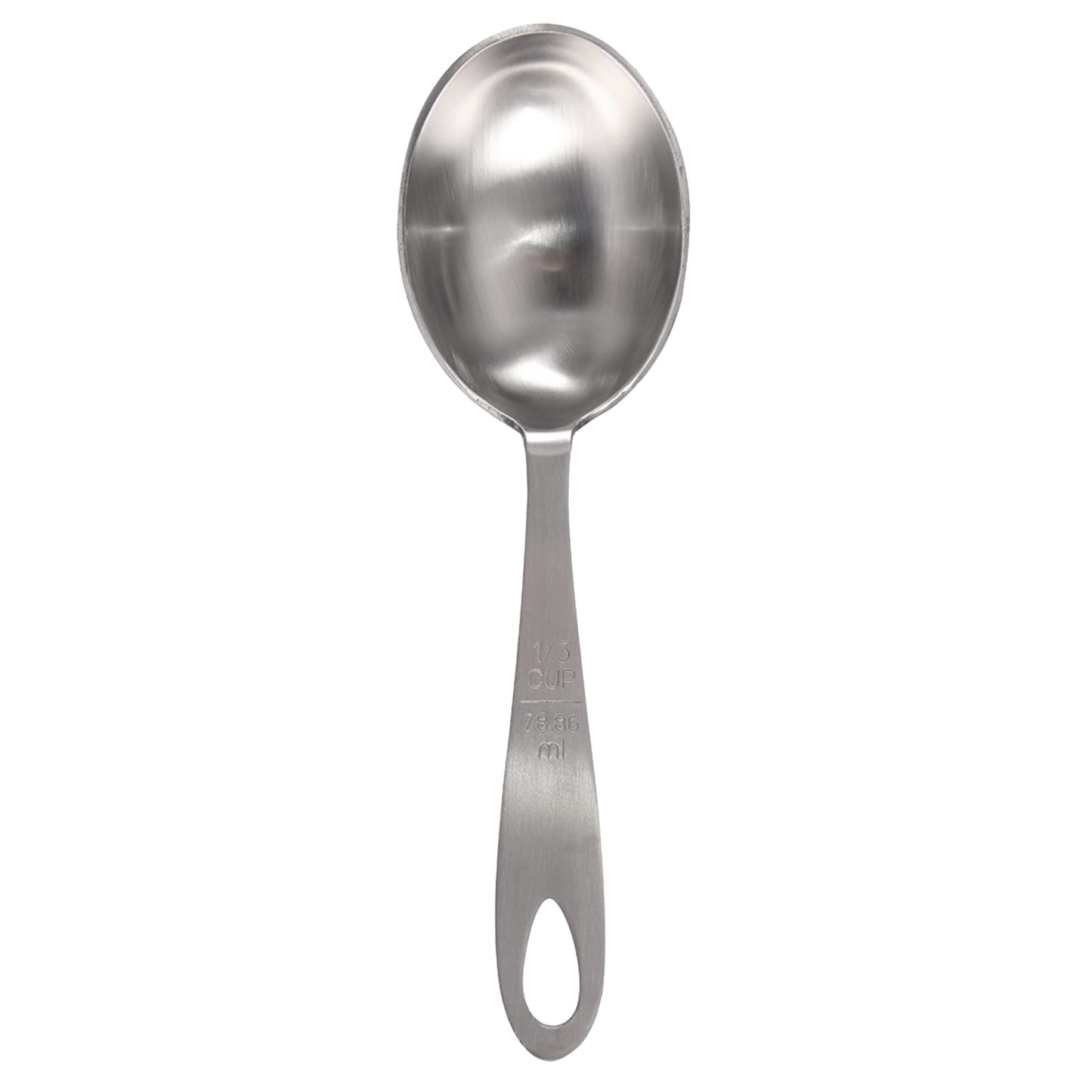 Single stainless steel measuring scoop with a brushed finish and engraved 1/3 cup capacity, ideal for Kitchen & Food, Baking Supplies, and Food Prep collections.