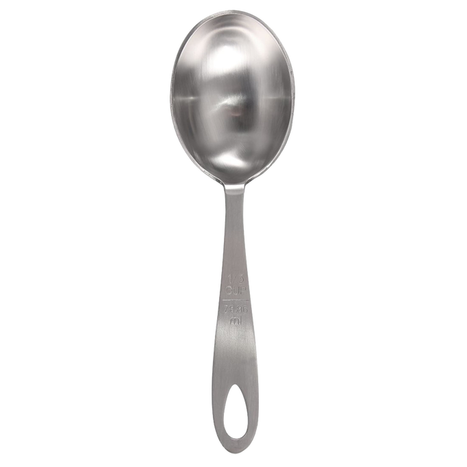 Single stainless steel measuring scoop with a brushed finish and engraved 1/3 cup capacity, ideal for Kitchen & Food, Baking Supplies, and Food Prep collections.