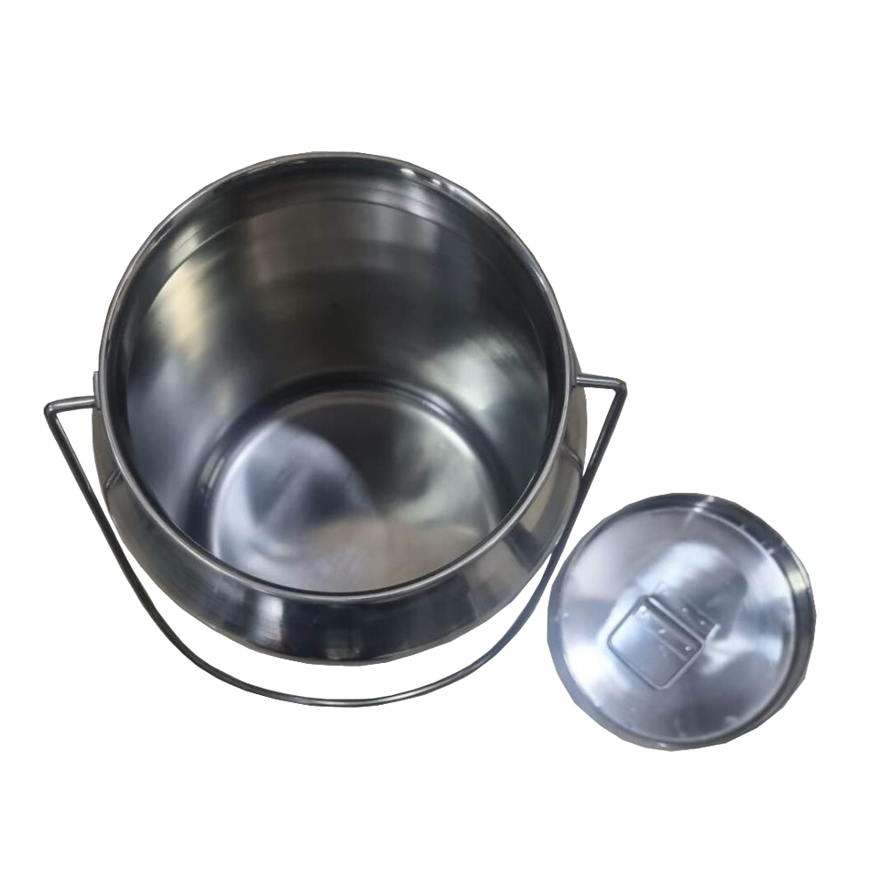 Open small stainless steel milk can with removable lid, featuring seamless 304 grade steel for hygiene, designed for farm, garden, and animal care use.
