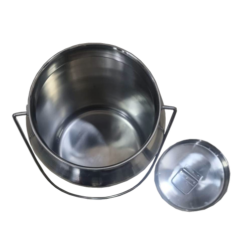 Open small stainless steel milk can with removable lid, featuring seamless 304 grade steel for hygiene, designed for farm, garden, and animal care use.