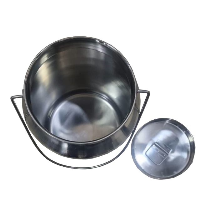 Open small stainless steel milk can with removable lid, featuring seamless 304 grade steel for hygiene, designed for farm, garden, and animal care use.
