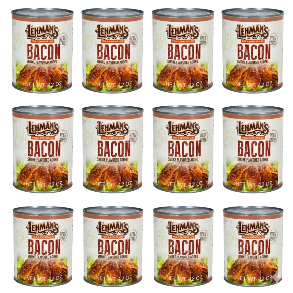 Twelve cans of ready-to-eat canned bacon with smoke flavoring, made in the USA and ideal for Kitchen & Food, Camping, Emergency Supplies, Farm & Garden Tool, and Best Sellers collections.