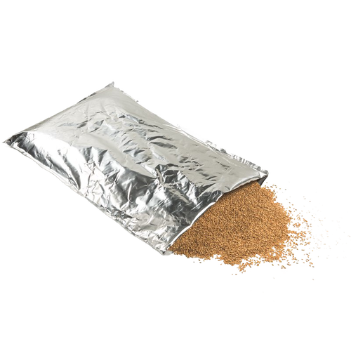 Large silver mylar storage bag partially open with dry granular food spilling out, durable and made in USA, ideal for long-term food preservation in Kitchen & Food collections.