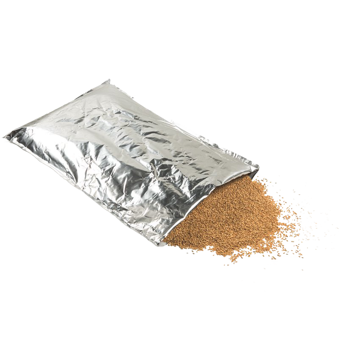 Large silver mylar storage bag partially open with dry granular food spilling out, durable and made in USA, ideal for long-term food preservation in Kitchen & Food collections.