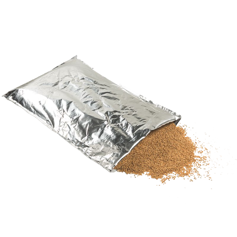 Large silver mylar storage bag partially open with dry granular food spilling out, durable and made in USA, ideal for long-term food preservation in Kitchen & Food collections.