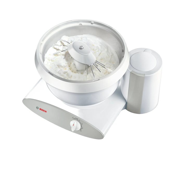 Compact stand mixer with white bowl and whisk attachment whipping cream, designed for effortless dough kneading and baking, part of kitchen gadgets and baking supplies collections.