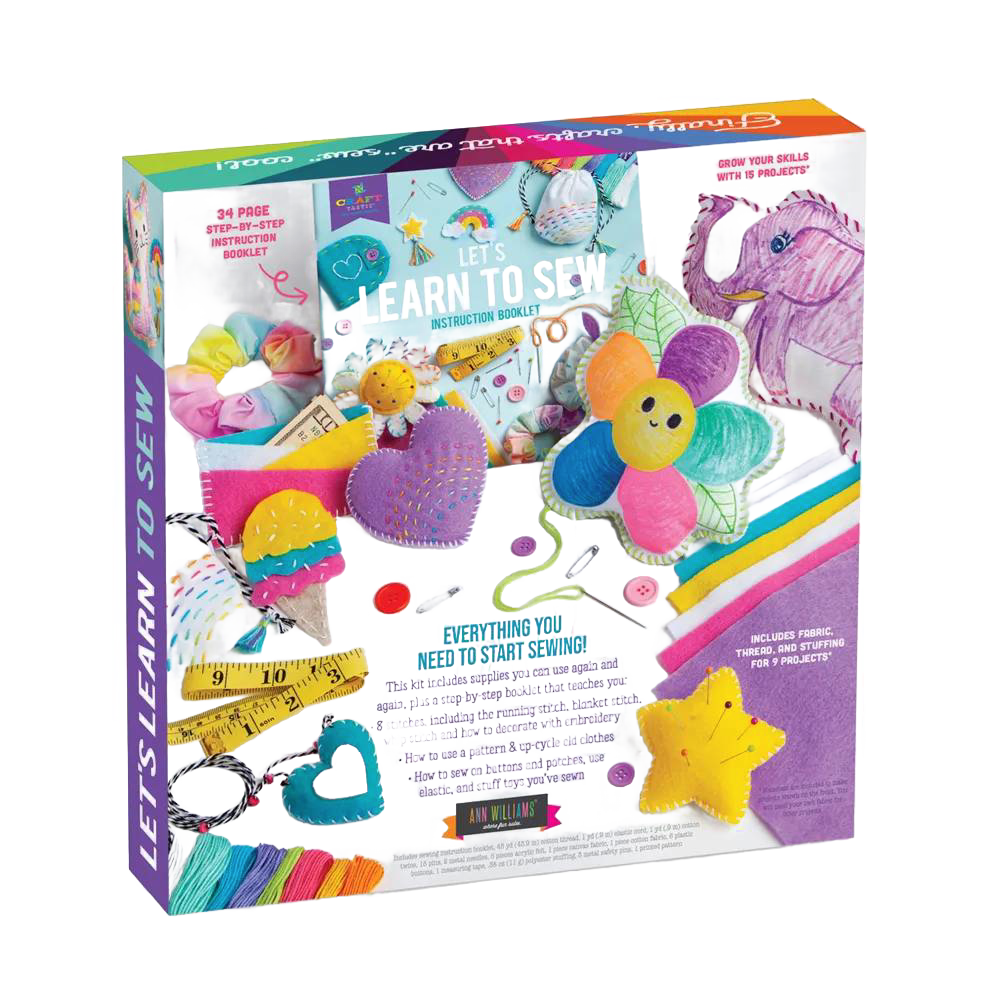 Colorful children's sewing craft kit featuring felt shapes, thread, stuffing, a measuring tape, and step-by-step instructions, ideal for Toys, Arts and Crafts, and Best Sellers collections.