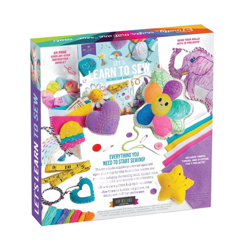 Colorful children's sewing craft kit featuring felt shapes, thread, stuffing, a measuring tape, and step-by-step instructions, ideal for Toys, Arts and Crafts, and Best Sellers collections.