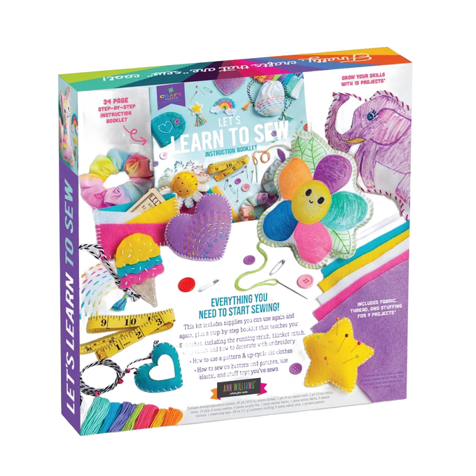 Colorful children's sewing craft kit featuring felt shapes, thread, stuffing, a measuring tape, and step-by-step instructions, ideal for Toys, Arts and Crafts, and Best Sellers collections.