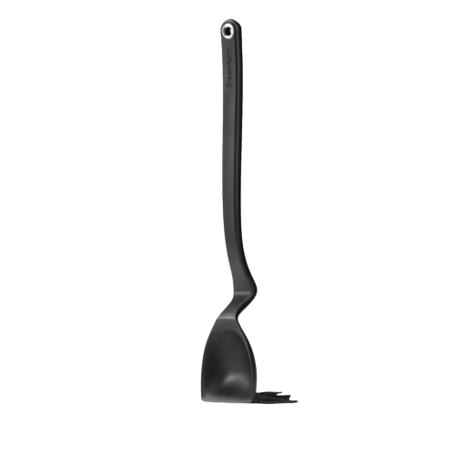Black plastic basting brush with a deep, flexible scooping head and a long handle featuring a hanging hole, designed for grilling and kitchen gadgets collections.