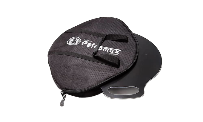 Black protective transport bag with durable fabric and dual handles, designed for safely carrying a griddle and fire bowl, ideal for camping and outdoor use in Farm, Garden & Tool collections.