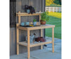 Handcrafted Amish-made cypress garden table with natural unfinished wood, featuring a raised back shelf and lower slatted shelf, ideal for outdoor gardening tasks and decor.