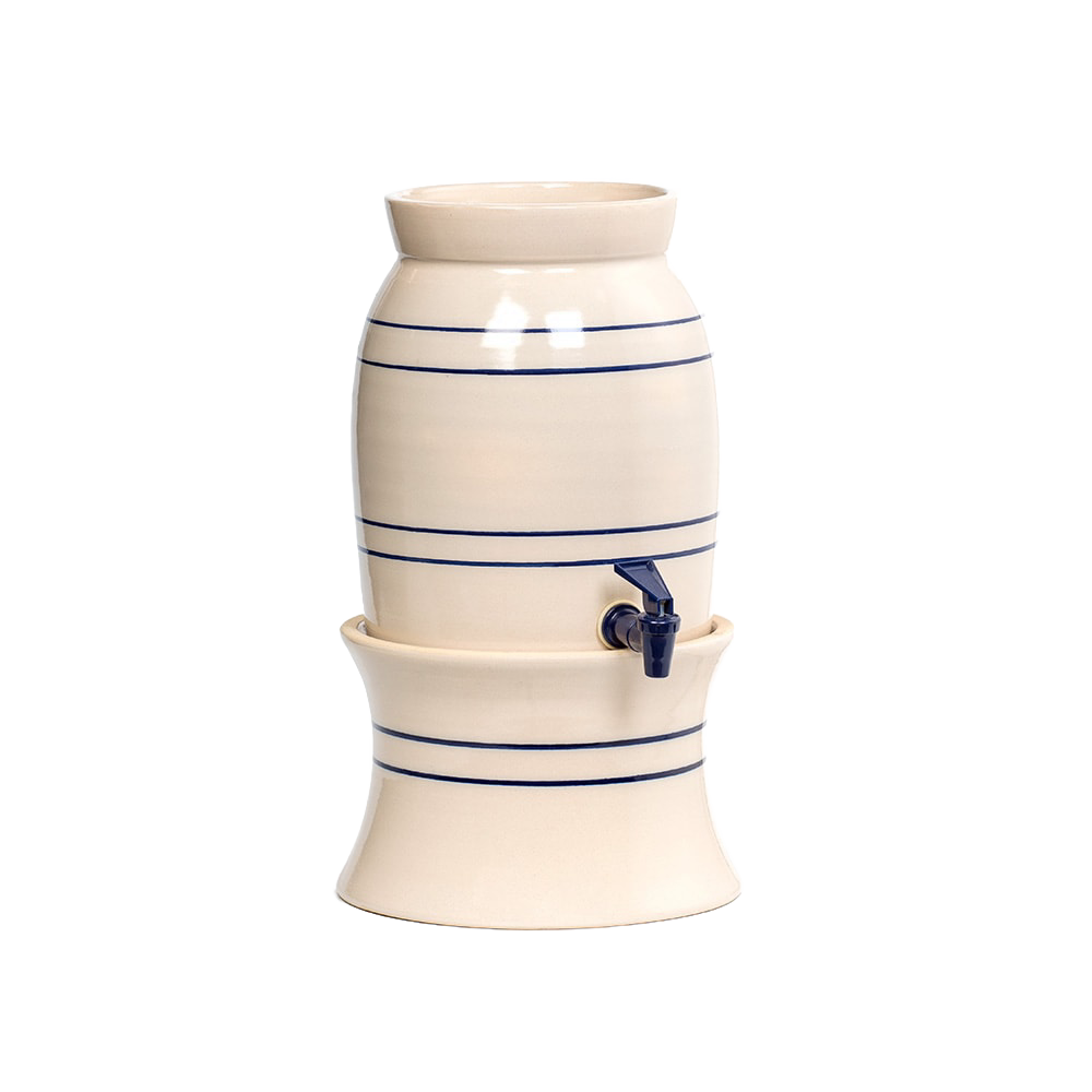 Handcrafted stoneware drink dispenser and vinegar crock in cream with blue stripes, featuring a spigot and optional stand, ideal for Kitchen & Food, Storage and Serving, USA Made, Best Sellers collections.