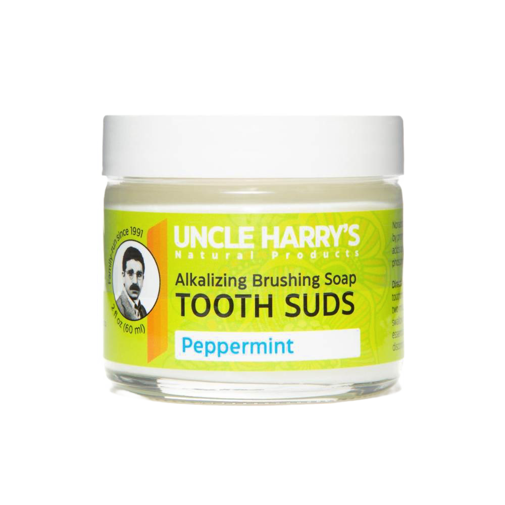 Jar of handcrafted alkalizing peppermint brushing soap for oral care, designed to promote enamel health and neutralize acids, featured in Health & Wellness and Grooming collections.