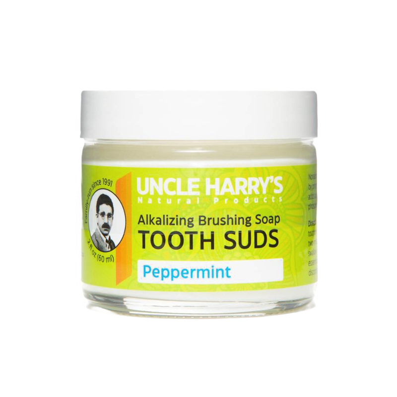 Jar of handcrafted alkalizing peppermint brushing soap for oral care, designed to promote enamel health and neutralize acids, featured in Health & Wellness and Grooming collections.