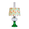 Handcrafted oil lamp featuring an Ohio-made emerald glass base and sunflower-patterned shatterproof shade, ideal for Farm, Garden & Tool and Table Lamps collections.